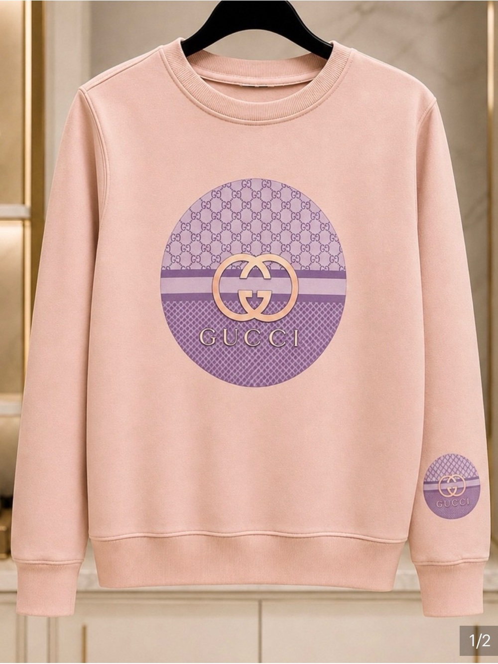 Pink Crewneck Sweatshirt with Lavender Logo Medallion